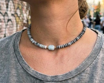 Collana girocollo con perline di amazzonite / Collana con pietre preziose blu e grigie / Collana di perline, regalo per lei