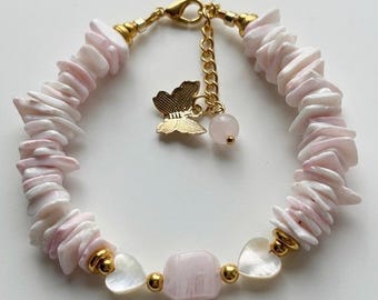 Bracciale in quarzo rosa / Bracciale in madreperla con conchiglia Puka / Gioielli con pietre preziose