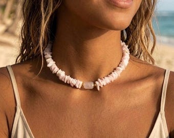 Collana con quarzo rosa naturale / Girocollo con perline di conchiglia Puka / Gioielli femminili / Collana minimalista