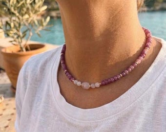 Collana girocollo con perline rosa / Collana con quarzo rosa / Collana girocollo con pietre preziose rosa