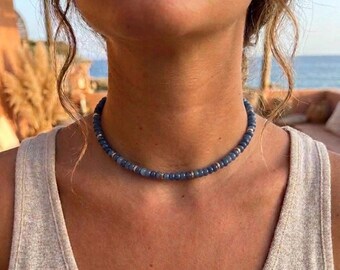 Collana girocollo con perline di pietre preziose blu / Collana estiva regolabile / Regalo di gioielli da spiaggia per lei