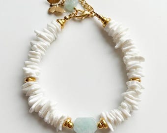 Amazonite Shell Chip Bracelet | White Puka Summer Jewelry | Boho Beach Gift for Her