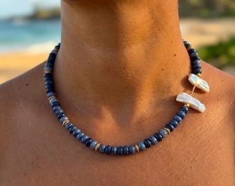 Collana con perline di gemme blu naturali / Girocollo di perle barocche / Regalo di gioielli ispirato all'oceano