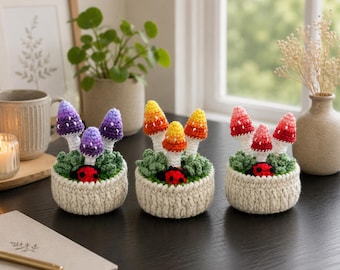 Crochet Mushroom Pot | Kawaii Forest Decor with Ladybug, Handmade Colorful Mushroom Plush, Cute Desk Decor, Mushroom Lover Gift