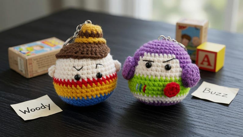 K&ouml;nnte beinhalten: Zwei runde, geh&auml;kelte Pl&uuml;sch-Schl&uuml;sselanh&auml;nger mit Charakter-Designs. Ein Anh&auml;nger hat einen braunen Hut, ein wei&szlig;es Gesicht sowie ein gelb-blaues Hemd. Der andere ist lila, wei&szlig; und gr&uuml;n mit einem roten kreisf&ouml;rmigen Detail. Beide haben Metallringe.