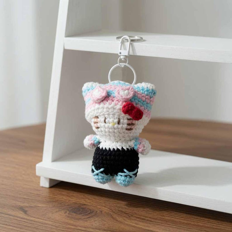 Puede incluir: Un llavero de gato tejido a ganchillo con cara blanca, bigotes marrones, nariz amarilla y un lazo rojo. El gato lleva un gorro con rayas azul claro y rosa, y un cuerpo negro con detalles en azul claro, unido a una anilla de metal plateado.