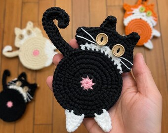 Custom Crochet Cat Butt Coaster, Personalized Cat Mug Rug, Handmade Amigurumi Cat Coaster, Gift for Cat Mom, Cat Lady Gift, Housewarming