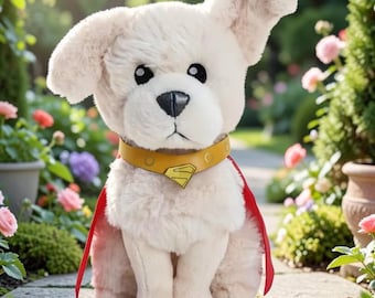 スーパーヒーロー犬のぬいぐるみ、白い子犬、赤いマント、クリプト風ぬいぐるみ