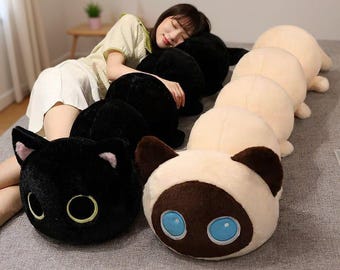 Almohada corporal de peluche larga con forma de gato, linda almohada para abrazar con forma de gato negro o siamés, juguete de peluche suave con forma de animal, regalo.