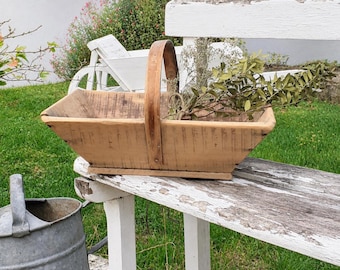 Vintage Franse houten druivenoogstmand, rustieke boerenmand. Antieke houten druivenoogstmand, jaren 1950.