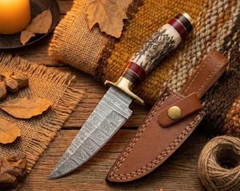 Handmade Damascus Steel Stag Horn Handle Knife with Leather Sheath | STG-001 – FH Knives