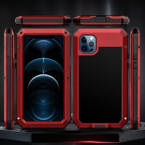 May include: A rugged smartphone case featuring a red metal frame with black accents. The design includes a front view showing the screen, a back view with a camera cutout, and side and top profiles. The case has a heavy-duty, industrial appearance.