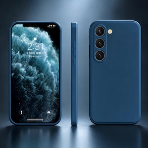 May include: A dark blue smartphone shown from the front, side, and back. The front screen displays the time 2:31, the date September 8, and a wave graphic. The back features three circular camera lenses arranged vertically with a small flash.