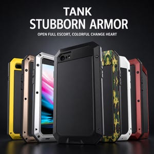 May include: A collection of rugged smartphone cases in yellow, bronze, silver, black, camouflage, white, and red. The text TANK STUBBORN ARMOR OPEN FULL ESCORT, COLORFUL CHANGE HEART is displayed above the cases, which feature a metal frame design.