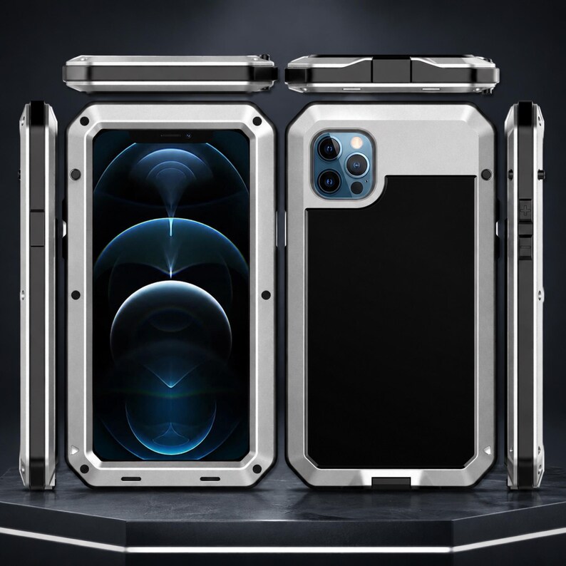 May include: A rugged smartphone case featuring a silver metal frame with black accents, shown from multiple angles including front, back, and side views. The case has a reinforced design with visible screws along the edges and a cutout for the camera.