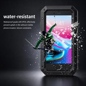 May include: A black, rugged, water-resistant mobile phone case with an IP54 rating. The screen displays a skier in a green jacket and black pants, with white water droplets splashing across the front of the device and the text water-resistant.