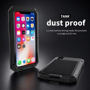 May include: A black metal smartphone case with a rugged design, shown on a phone and separately. The text reads TANK dust proof, 1:1 real machine driving mode, the precision is as high as 0.01 mm. The case features a screen protector and frame.