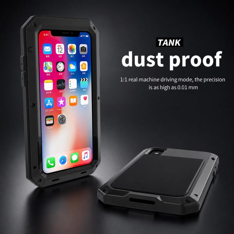 May include: A black metal smartphone case with a rugged design, shown on a phone and separately. The text reads TANK dust proof, 1:1 real machine driving mode, the precision is as high as 0.01 mm. The case features a screen protector and frame.