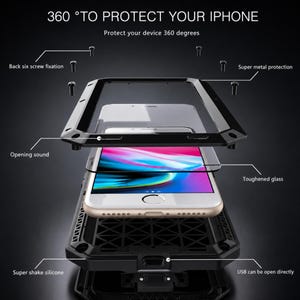 May include: A black metal and silicone protective phone case shown in an exploded view with a smartphone in the center. Text includes 360 TO PROTECT YOUR IPHONE, Back six screw fixation, Super metal protection, Opening sound, Toughened glass, and USB can be open directly.