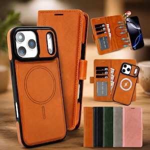 May include: A tan leather wallet phone case with a black frame, featuring a magnetic charging ring on the back, multiple card slots, and a cash pocket. The case is shown in various colors including tan, black, dark green, gray, and light pink.