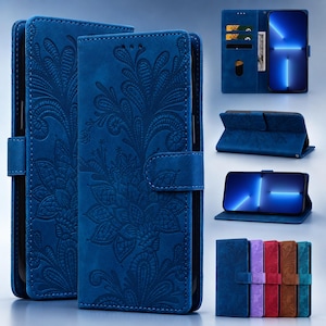 May include: A blue wallet-style phone case featuring an embossed floral pattern, a magnetic closure strap, and internal card slots. The case functions as a stand for the phone, which displays a blue light graphic. Multiple colour variations are shown.
