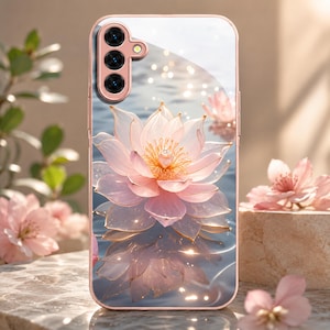 May include: A rose gold phone case featuring a pink lotus flower design. The flower is depicted floating on water with a shimmering effect. The case has a glossy finish and a camera module.