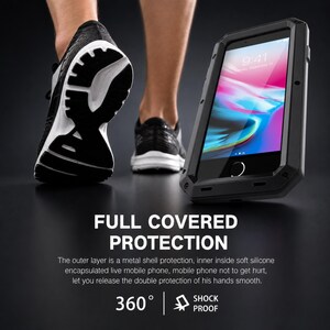 May include: A black metal protective phone case with a silicone interior, shown angled on a dark surface. The screen displays a colorful abstract wallpaper and the time 9:41. Text reads FULL COVERED PROTECTION, 360, and SHOCK PROOF.