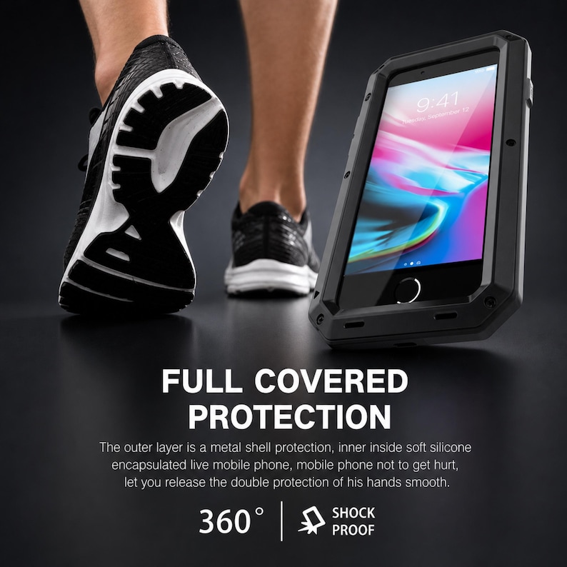 May include: A black metal protective phone case with a silicone interior, shown angled on a dark surface. The screen displays a colorful abstract wallpaper and the time 9:41. Text reads FULL COVERED PROTECTION, 360, and SHOCK PROOF.