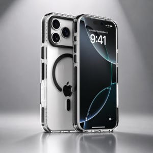 May include: A clear protective smartphone case featuring a black magnetic ring and a black camera lens frame. The case is shown on a smartphone displaying a screen with the text Monday, September 9 and the time 9:41, along with a dark abstract graphic.
