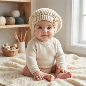 May include: A baby wearing a cream-colored long-sleeved knit bodysuit and a matching textured beret-style hat with a small flower detail on the side. The hat features a ribbed brim and a bobble-stitch pattern, providing a soft and cozy appearance.