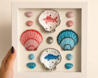8x8 Coastal Fish Shell Art | Hand Painted Scallop Shell Shadow Box