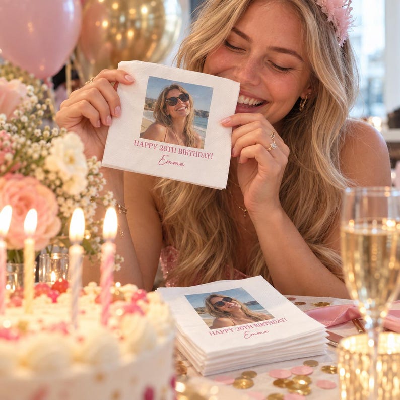 Custom Photo Birthday Napkins With Text, Personalized Cocktail Napkins ...