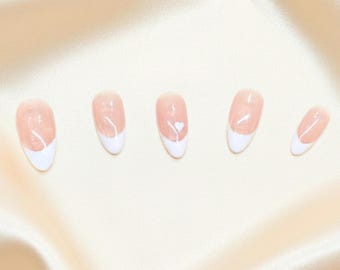 Hand painted White French Tip Press On Nails: Hearts
