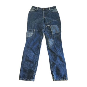 Vintage Jorniche damjeans storlek 15/16, patchwork-denim, 100 % bomull, innerbenslängd 30