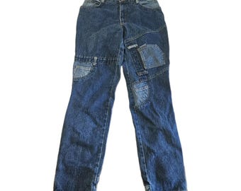 Vintage Jorniche Damenjeans, Größe 15/16, Patchwork-Denim, 100 % Baumwolle, Innenbeinlänge 30