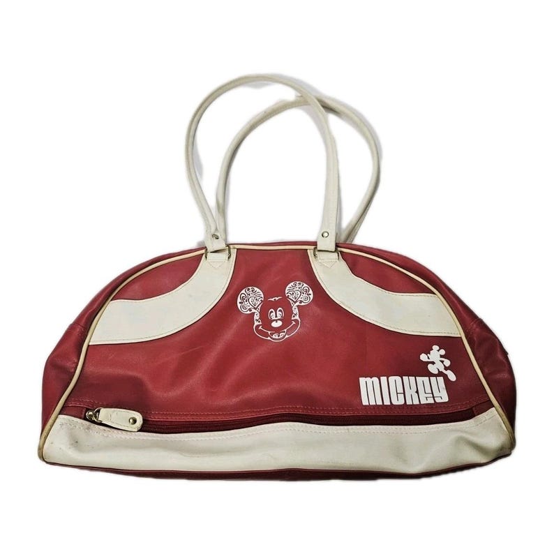 Vintage Mickey Mouse Disney Red & White Faux Leather Bowling / Gym / Travel Bag image 1