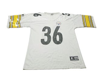 May include: A white Starter jersey featuring the number 36 in black on the front, with yellow and black stripes on the sleeves. The Pittsburgh Steelers logo is on the upper chest, and a Starter brand tag with the size 48 is at the bottom hem.