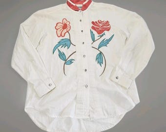 Vintage Wrangler Women's M Western Tuxedo Shirt Rhinestone Embroidered Rodeo