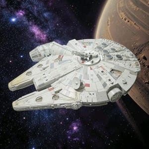 Puede incluir: Un modelo detallado de la nave espacial Millennium Falcon, con un casco blanquecino desgastado con detalles en paneles grises y rojos, una antena parabólica circular, una torreta superior y una cabina lateral sobre un fondo de espacio exterior.