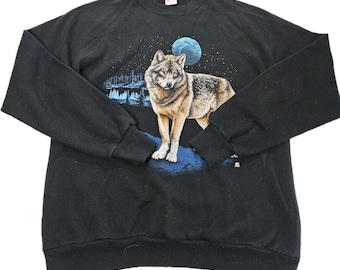 Vintage Wolf Crewneck Sweatshirt 1980s Men's XL Nature Tee Vtg 80s Pullover
