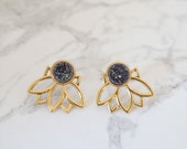 3-in-1 Lotus Ear Jackets - Druzy Stud Earrings