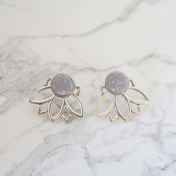 3-in-1 Lotus Ear Jackets - Druzy Stud Earrings