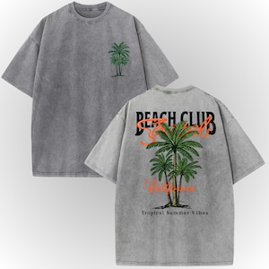 ビーチクラブ カリフォルニア アシッドウォッシュ Tシャツ、オーバーサイズ ヴィンテージ パームツリー Tシャツ、トロピカル サマー グラフィック シャツ、ユニセックス ビーチウェア ギフト