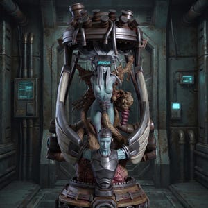 May include: A detailed figurine of a pale, humanoid figure with long hair and a headpiece labeled JENOVA, suspended inside a metallic, cylindrical containment chamber with pipes and mechanical components, set upon a circular base with glowing blue lights.