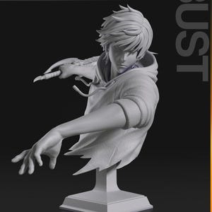 Puede incluir: Un busto gris monocrom&aacute;tico de un personaje con cabello puntiagudo, vistiendo una sudadera con capucha. La figura est&aacute; posada con un brazo extendido hacia adelante y el otro sosteniendo un objeto afilado. El texto TURNTABLE y BUST es visible.