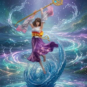 May include: A figurine of a female character with brown hair, wearing a white top and a purple skirt with floral patterns, holding a gold staff with blue accents. The figure is surrounded by translucent blue water effects and flowing fabric.