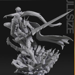 Puede incluir: Una figura de resina gris monocrom&aacute;tica que muestra una escena din&aacute;mica con una figura encapuchada y un caballero con armadura ornamentada empu&ntilde;ando una gran espada. La base simula humo y escombros. Texto: TURNTABLE y FULL SIZE.