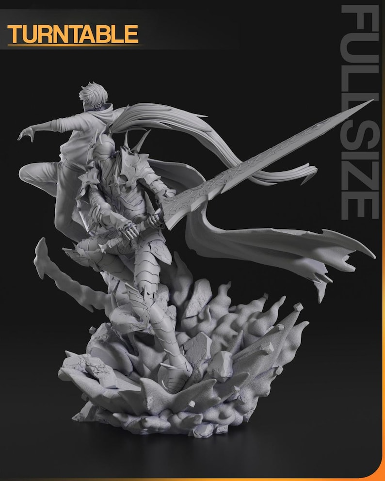 Puede incluir: Una figura de resina gris monocrom&aacute;tica que muestra una escena din&aacute;mica con una figura encapuchada y un caballero con armadura ornamentada empu&ntilde;ando una gran espada. La base simula humo y escombros. Texto: TURNTABLE y FULL SIZE.