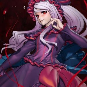 May include: A figurine of a character with long pale hair and red eyes, wearing a purple dress with red trim and a matching bonnet. The character has a small fang visible and is posed with one hand near the face against a dark red background.