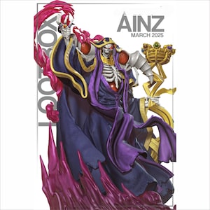 May include: A skeletal figure wearing a dark purple and gold robe with a high collar, holding a golden staff topped with a crown. The figure has red eyes and is surrounded by swirling pink energy effects. Text reads AINZ MARCH 2025.